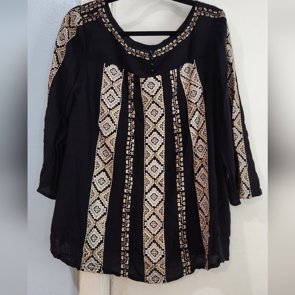 Women's Sundance Black Blouse With Cream/Tan Embroidery, Size L - Picture 10 of 16